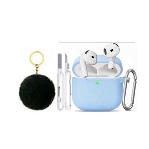 Blue Silicone AirPods 4 case with cleaning kit and Pompom keychain
